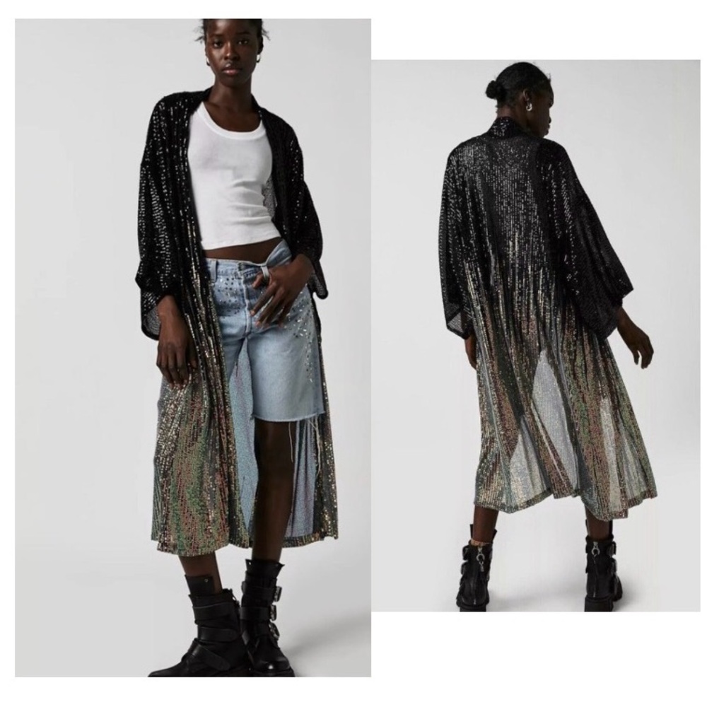 Free People Party On Sequin Kimono, Black/Silver/Bronze, One Size